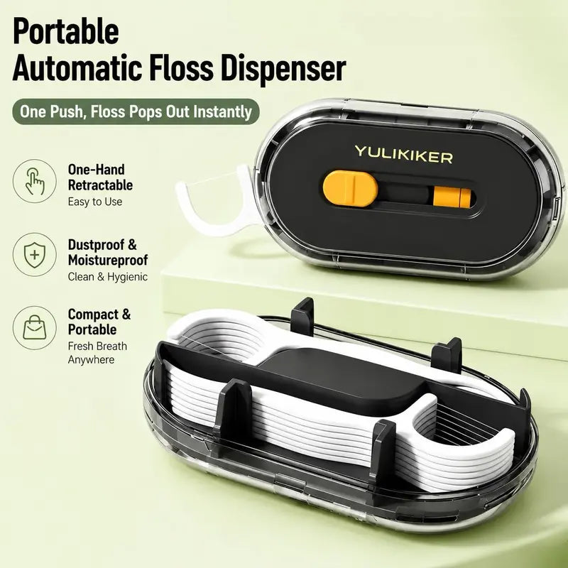 Portable Automatic Floss Pick Dispenser - Dual-Head Dental Floss Holder, 1-Touch Dust-Proof Refillable Case for Travel & Home, Lightweight Oral Care Home Organizer