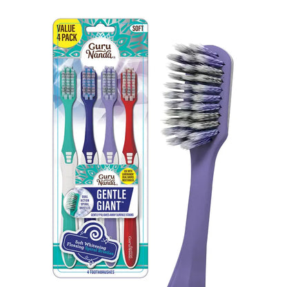 Gurunanda Gentle Giant Toothbrush with Dual Action Flossing Spiral Bristles - Ergo Dexa Grip - Helps in Teeth Whitening, BPA Free, (4 Count)