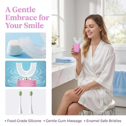 YEKLIKE Adult Cordless Sonic U-Shaped Electric Toothbrush, Cleansing Teeth Cleaner with Dupont Rounded-Tip Bristles, 360° Plaque Removal, 45 Sec Timer, IPX7 Waterproof Rechargeable, 3 U-Shape & 2 Straight Brush Heads (Pink-Cup, Gingivitis Prevention)