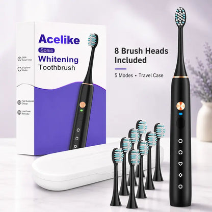 Acelike Plastic Body Rechargeable Sonic Electric Toothbrush Oral Care Kit - Cordless Power Toothbrush with 8 Brush Heads, 5 Cleaning Modes, Timer Function, Travel Case, Storage for Home Teeth Cleaning, Plaque Removal