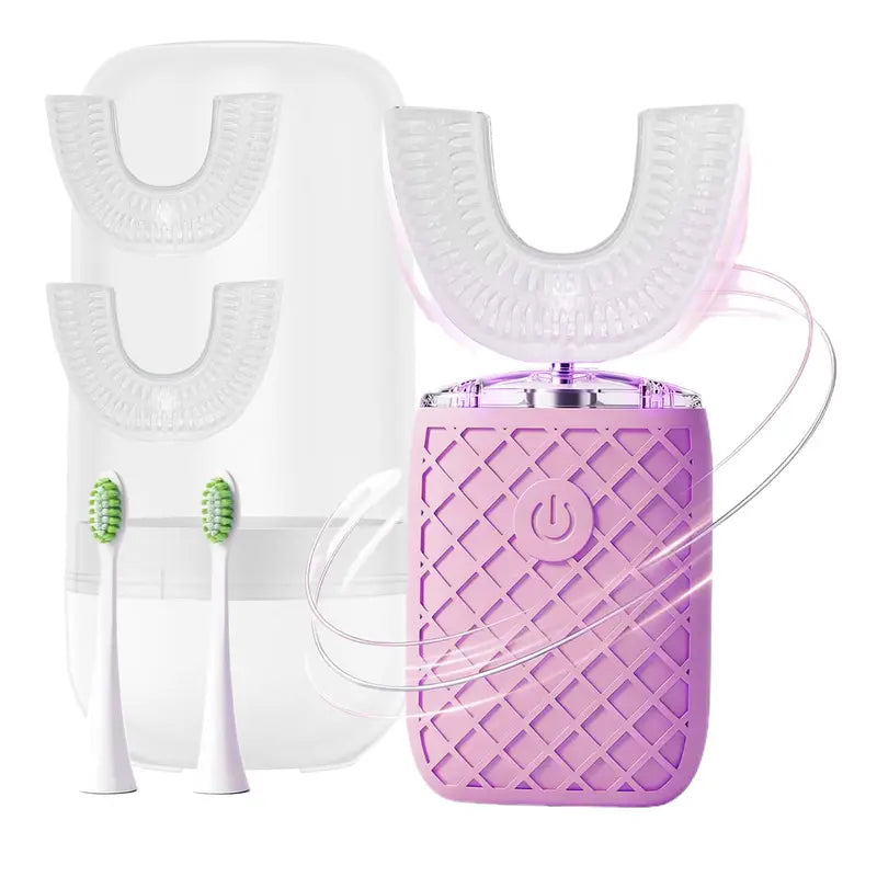 YEKLIKE Adult Cordless Sonic U-Shaped Electric Toothbrush, Cleansing Teeth Cleaner with Dupont Rounded-Tip Bristles, 360° Plaque Removal, 45 Sec Timer, IPX7 Waterproof Rechargeable, 3 U-Shape & 2 Straight Brush Heads (Pink-Cup, Gingivitis Prevention)