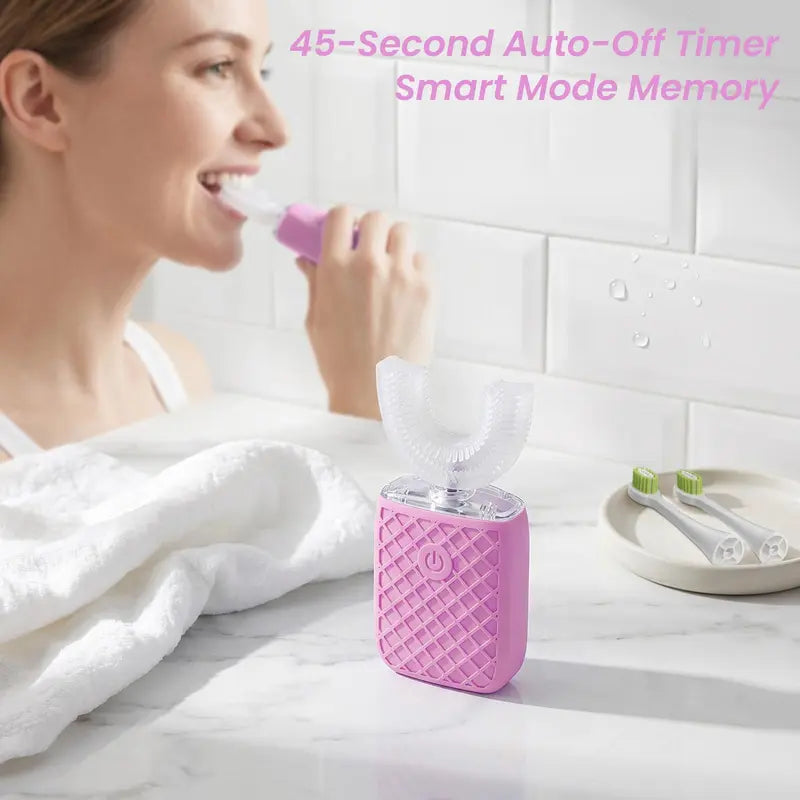 YEKLIKE Adult Cordless Sonic U-Shaped Electric Toothbrush, Cleansing Teeth Cleaner with Dupont Rounded-Tip Bristles, 360° Plaque Removal, 45 Sec Timer, IPX7 Waterproof Rechargeable, 3 U-Shape & 2 Straight Brush Heads (Pink-Cup, Gingivitis Prevention)