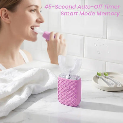 YEKLIKE Adult Cordless Sonic U-Shaped Electric Toothbrush, Cleansing Teeth Cleaner with Dupont Rounded-Tip Bristles, 360° Plaque Removal, 45 Sec Timer, IPX7 Waterproof Rechargeable, 3 U-Shape & 2 Straight Brush Heads (Pink-Cup, Gingivitis Prevention)